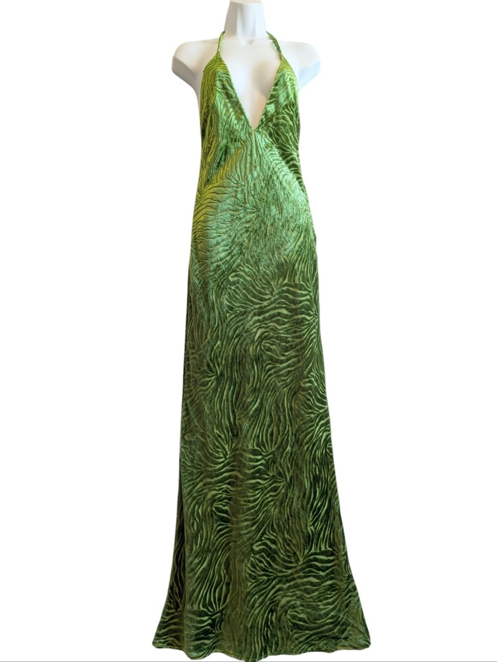 Zara Lime green velvet burnout halter Maxi dress Animal print deep v neck Medium - Picture 3 of 7
